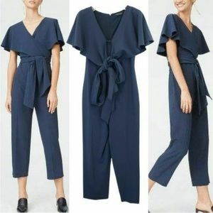 CLUB MONACO Jumpsuit Small Womens Navy Blue V Neck Ruffled Front Tie Catalenah